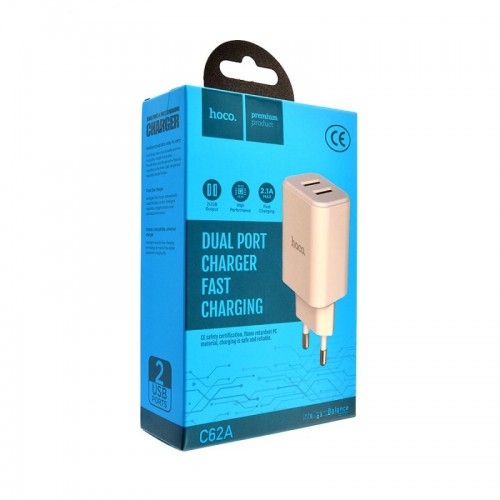 Адаптер мережевий Hoco C62a Victoria with Type - C cable |2USB, 2.1А| white