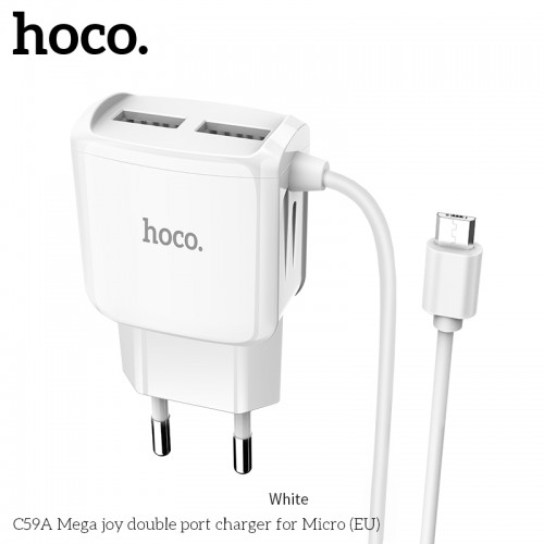 Адаптер мережевий Hoco Micro USB cable Mega Joy C59A |2USB, 2.1A| white