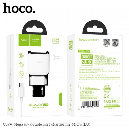 Адаптер мережевий Hoco Micro USB cable Mega Joy C59A |2USB, 2.1A| white