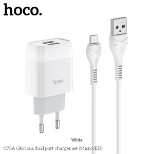 Адаптер мережевий Hoco Micro USB Cable Glorious C73A |2USB, 2.4A| white