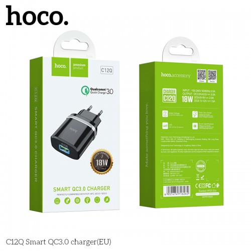 Адаптер мережевий Hoco Smart FCP / AFC C12Q |1USB, 3A, 18W, QC3.0| black
