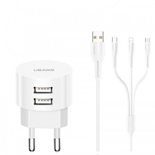 Адаптер мережевий USAMS Kit Sing-Tu Dual USB Round Travel 3in1 cable T20 |2USB, 2.1A| white