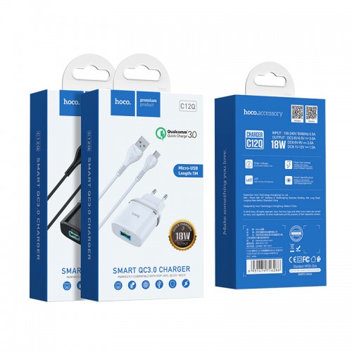 Адаптер мережевий Hoco Micro USB Cable Smart FCP / AFC C12Q |1USB, 3A, 18W, QC3.0| white