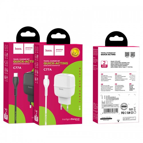 Адаптер мережевий Hoco Type-C cable Highway C77A |2USB, 2.4A| black