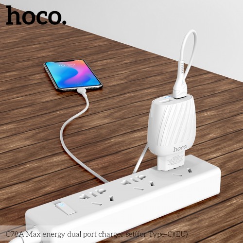 Адаптер мережевий Hoco Type-C Cable Max energy C78A |2USB, 2.4A| white