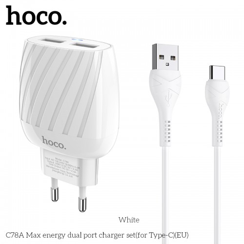 Адаптер мережевий Hoco Type-C Cable Max energy C78A |2USB, 2.4A| white
