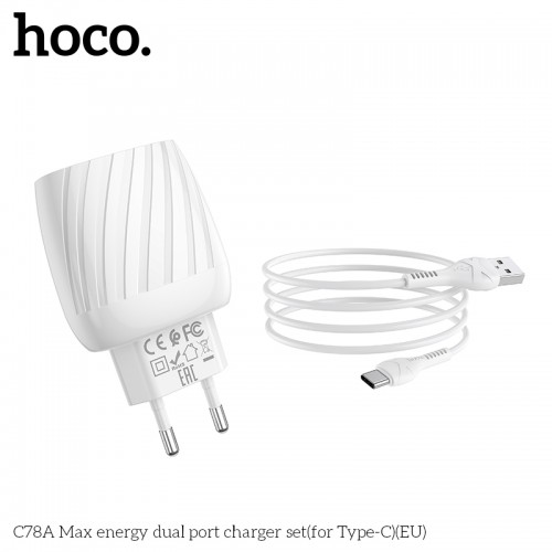 Адаптер мережевий Hoco Type-C Cable Max energy C78A |2USB, 2.4A| white