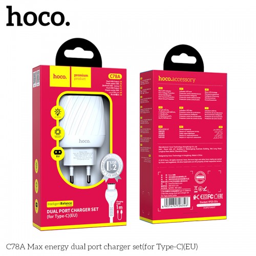 Адаптер мережевий Hoco Type-C Cable Max energy C78A |2USB, 2.4A| white