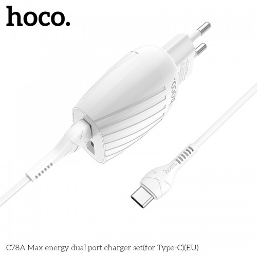 Адаптер мережевий Hoco Type-C Cable Max energy C78A |2USB, 2.4A| white