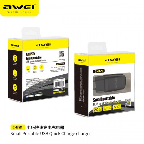 Адаптер сетевой AWEI Small Portable C-821 |1USB, 2A| black