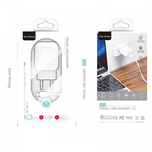 Адаптер сетевой KONI STRONG Type-C cable K3(T) |1USB, 2.1A, 10.5W| white