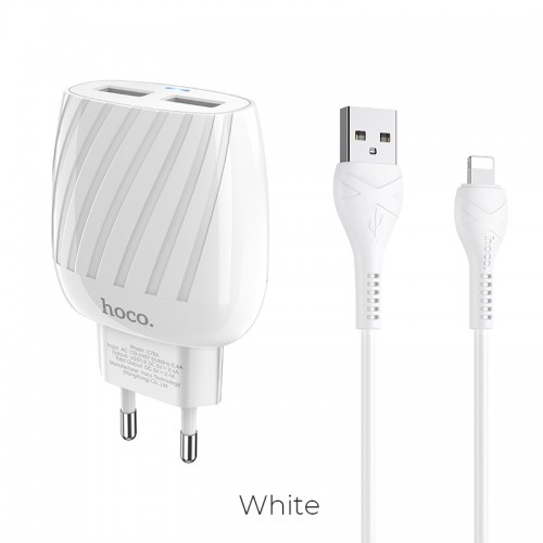 Адаптер мережевий Hoco Lightning Cable Max energy C78A |2USB, 2.4A| white