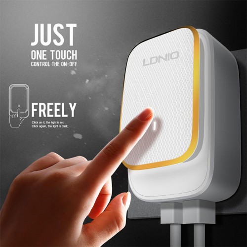 Адаптер мережевий LDNIO Type-C USB Cable Touch Light A2205 |2USB, 2.4A| white