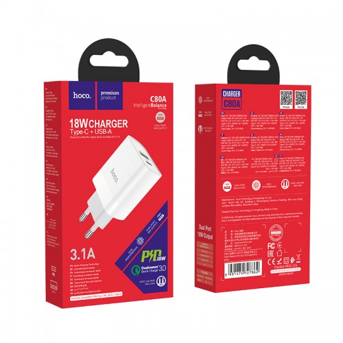 Адаптер мережевий HOCO Rapido C80A |1USB/1Type-C, 3.1A/20W, QC/PD| white