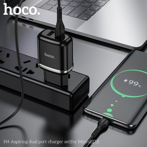 Адаптер мережевий Hoco Micro USB cable Aspiring dual port charger set N4 |2USB, 2.4A| black