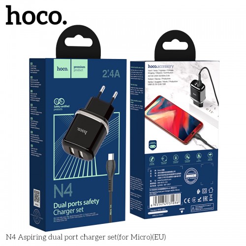 Адаптер мережевий Hoco Micro USB cable Aspiring dual port charger set N4 |2USB, 2.4A| black
