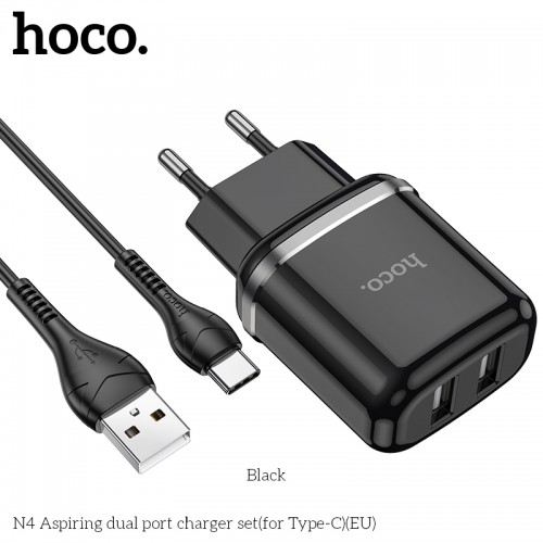 Адаптер мережевий HOCO Type-C cable Aspiring dual Port charger set N4 |2USB, 2.4A| (Safety Certified) white
