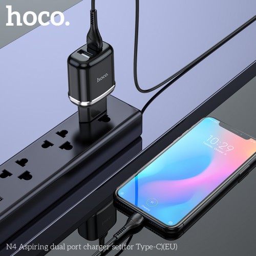 Адаптер мережевий HOCO Type-C cable Aspiring dual Port charger set N4 |2USB, 2.4A| (Safety Certified) white