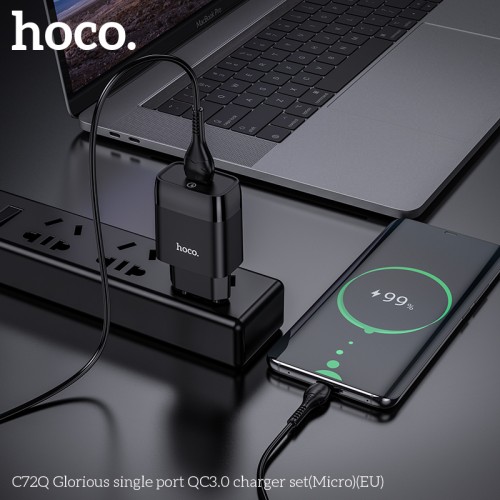 Адаптер мережевий Hoco Micro USB cable Glorious charger set C72Q |1USB, QC3.0/FCP/AFC, 3A, 18W| black