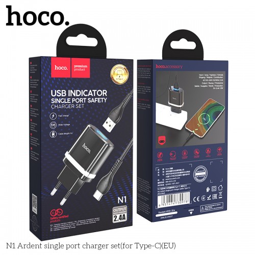 Адаптер мережевий Hoco Type-C Cable Ardent charger set N1 |1USB, 2.4A, 12W| (Safety Certified) white