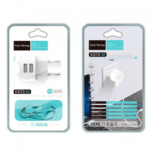 Адаптер мережевий Koni Strong Micro USB cable KS73M |2USB, 2.4A| white