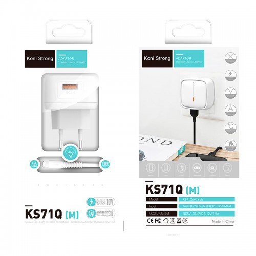 Адаптер сетевой KONI Strong Micro USB cable KS71Q(M) |1USB, 3A, QC|