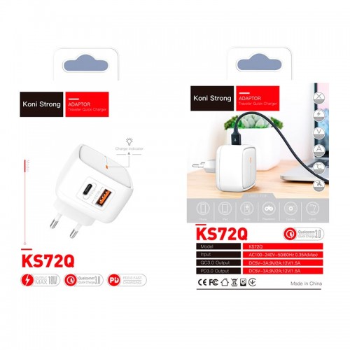 Адаптер сетевой KONI Strong KS72Q |1USB/1Type-C, 3A, QC/PD| white