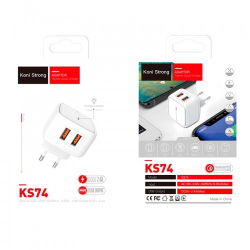 Адаптер мережевий Koni Strong KS74 |2USB, 2.4A| white