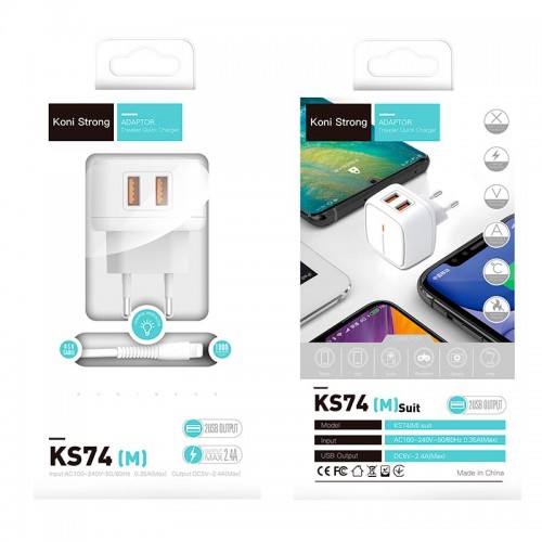 Адаптер сетевой KONI Strong Micro USB Cable KS74(M) |2USB, 2.4A|