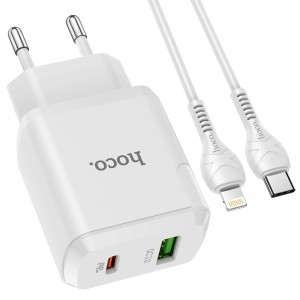 Адаптер мережевий Hoco Type-C to Lightning Cable Favor dual port N5 |1USB/1Type-C, PD20W/QC3.0, 3A| (Safety Certified) white