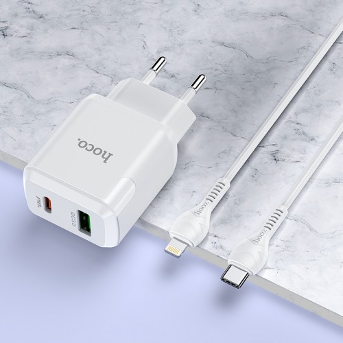 Адаптер мережевий Hoco Type-C to Lightning Cable Favor dual port N5 |1USB/1Type-C, PD20W/QC3.0, 3A| (Safety Certified) white