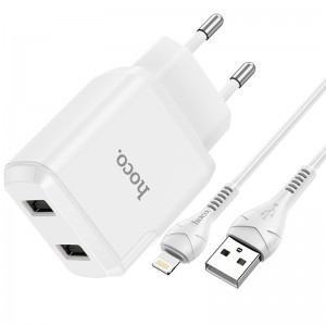 Адаптер мережевий Hoco Lightning cable Speedy dual Port charger set N7 |2USB, 2.1A| (Safety Certified) white