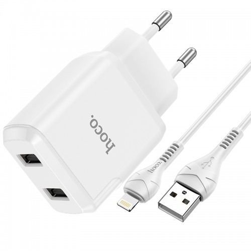 Адаптер мережевий Hoco Lightning cable Speedy dual Port charger set N7 |2USB, 2.1A| (Safety Certified) white