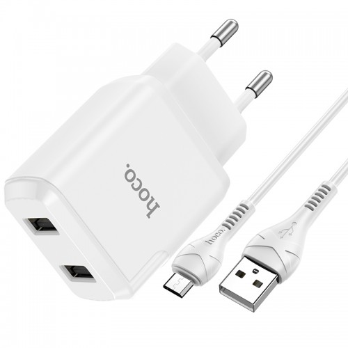 Адаптер мережевий Hoco Micro USB Cable Speedy dual Port charger set N7 |2USB, 2.1A| (Safety Certified) white
