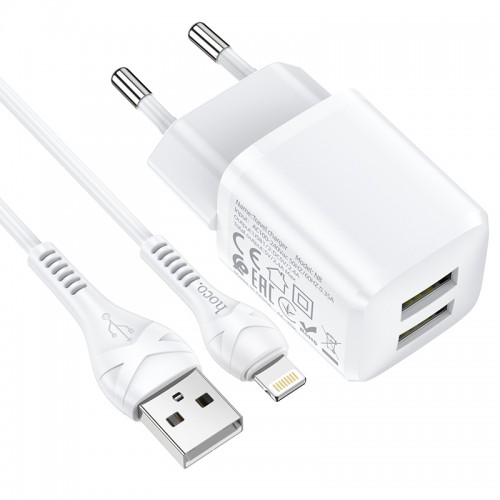 Адаптер мережевий Hoco Lightning Cable Briar dual port charger set N8 |2USB, 2.4A| (Safety Certified) white