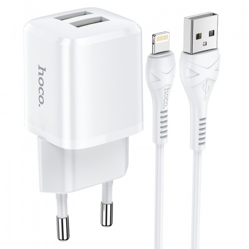 Адаптер мережевий Hoco Lightning Cable Briar dual port charger set N8 |2USB, 2.4A| (Safety Certified) white