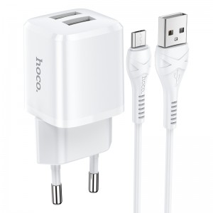 Адаптер мережевий Hoco Micro USB Cable Briar dual Port charger set N8 |2USB, 2.4A| (Safety Certified) white