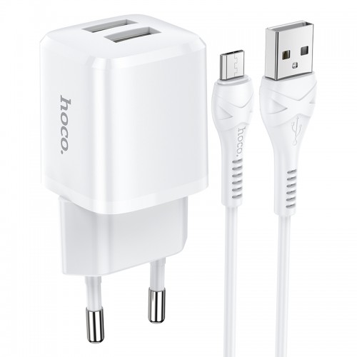 Адаптер мережевий Hoco Micro USB Cable Briar dual Port charger set N8 |2USB, 2.4A| (Safety Certified) white