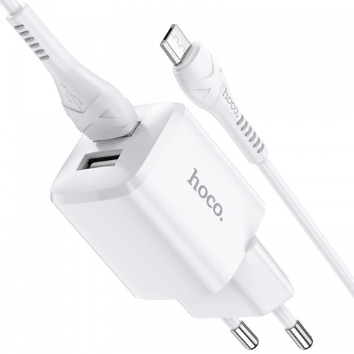 Адаптер мережевий Hoco Micro USB Cable Briar dual Port charger set N8 |2USB, 2.4A| (Safety Certified) white