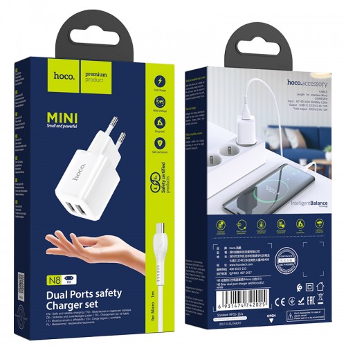 Адаптер мережевий Hoco Micro USB Cable Briar dual Port charger set N8 |2USB, 2.4A| (Safety Certified) white