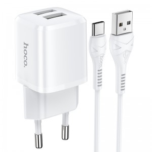 Адаптер мережевий Hoco Type-C Cable Briar dual Port charger set N8 |2USB, 2.4A| (Safety Certified) white