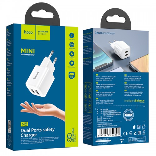 Адаптер мережевий Hoco Briar dual port charger N8 |2USB, 2.4A| (Safety Certified) white