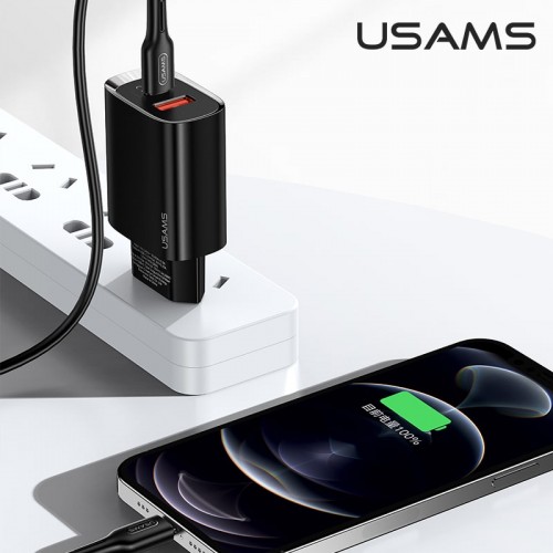 Адаптер мережевий USAMS T35 Fast Charger US-CC121 |1USB/1Type-C, 20W, PD3.0/QC| black
