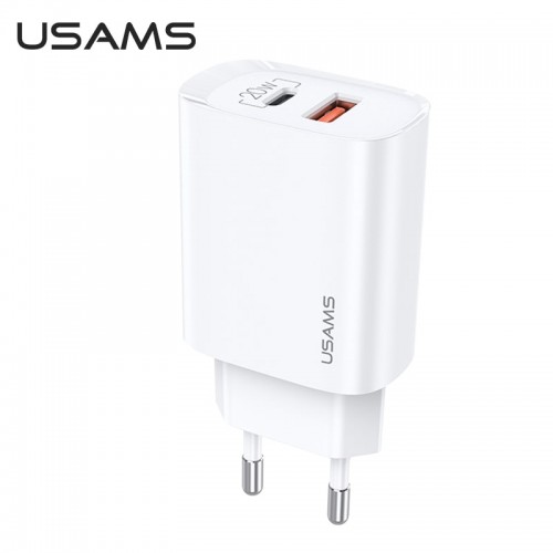 Адаптер мережевий USAMS T35 Fast Charger US-CC121 |1USB/1Type-C, 20W, PD3.0/QC| white