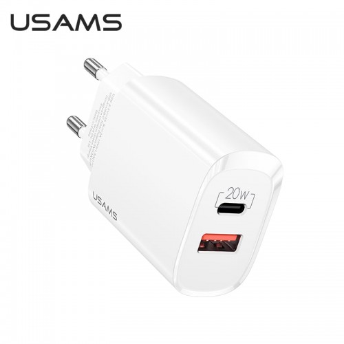Адаптер мережевий USAMS T35 Fast Charger US-CC121 |1USB/1Type-C, 20W, PD3.0/QC| white