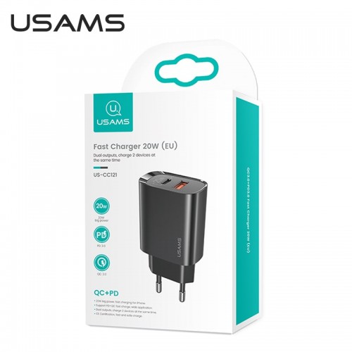 Адаптер мережевий USAMS T35 Fast Charger US-CC121 |1USB/1Type-C, 20W, PD3.0/QC| white