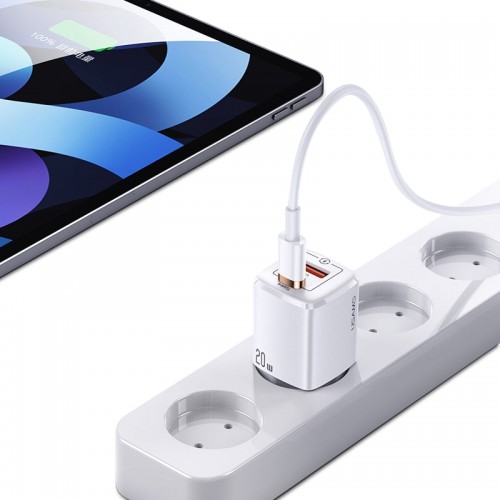 Адаптер мережевий USAMS T37 Super si Fast Charger US-CC128 |1USB/1Type-C, 20W, PD3.0/QC| white