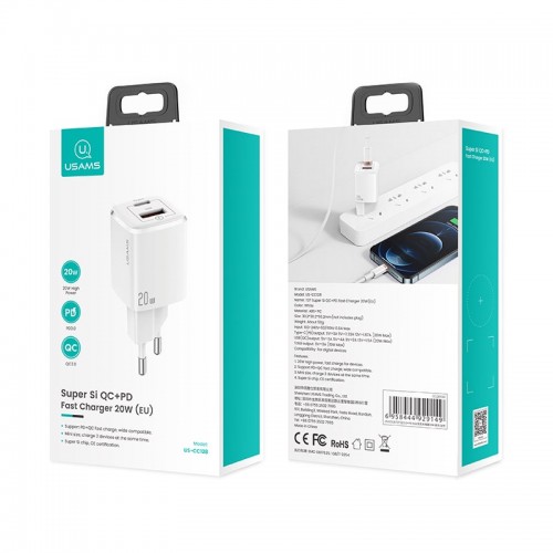 Адаптер мережевий USAMS T37 Super si Fast Charger US-CC128 |1USB/1Type-C, 20W, PD3.0/QC| white