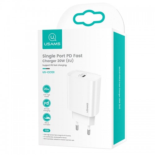 Адаптер мережевий USAMS T39 Single Port PD Fast Charger US-CC131 |1Type-C, 20W, PD3.0| white