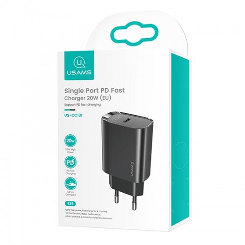 Адаптер мережевий USAMS T39 Single Port PD Fast Charger US-CC131 |1Type-C, 20W, PD3.0| white
